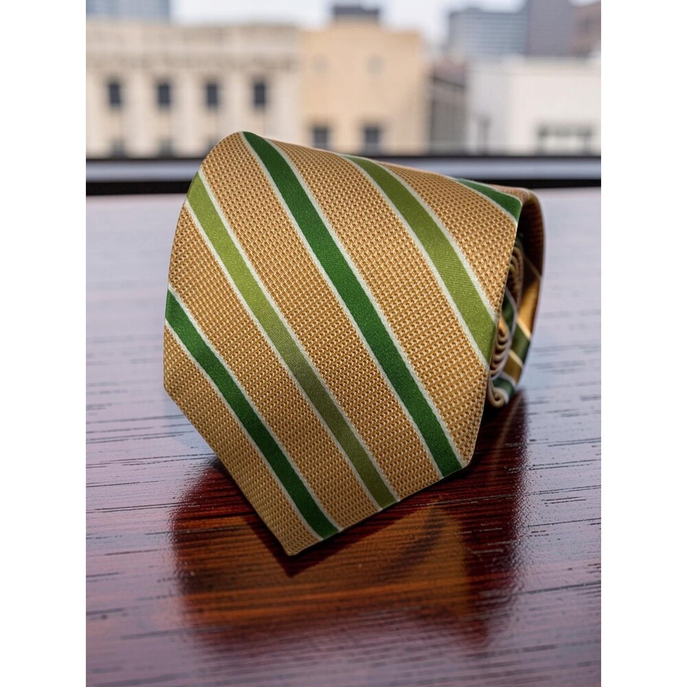 346 Brooks Brothers Pure Silk Tie Gold Green Striped 59”x 3.5”